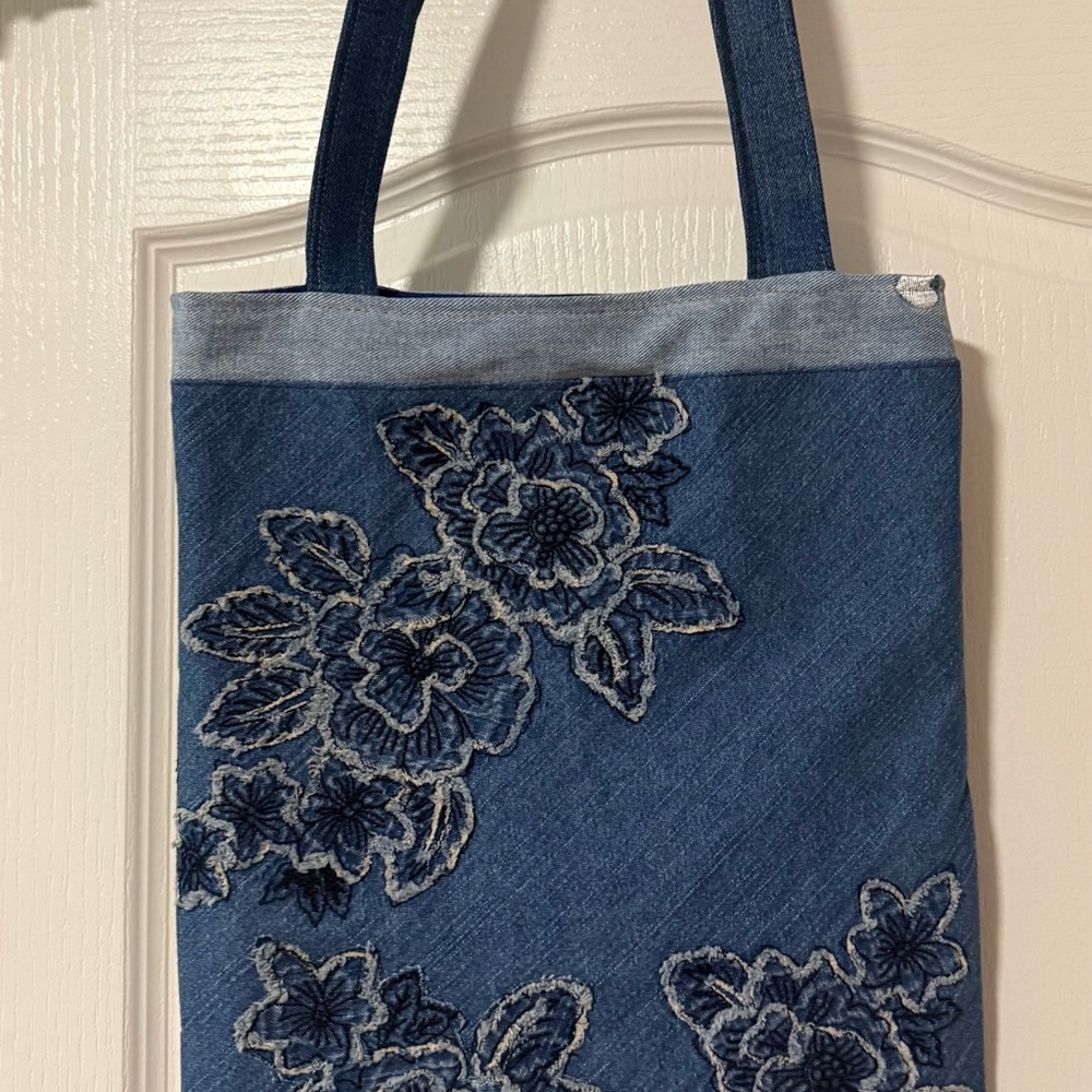 Blue Floral Embroidered Tote